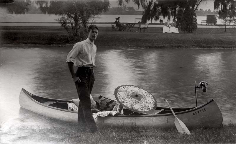 Archie Hall and his canoe at Bell Island - undated-31